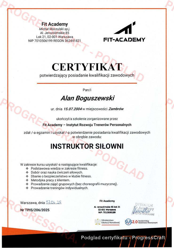 Podgląd certyfikatu instruktora siłowni Alana Boguszewskiego
