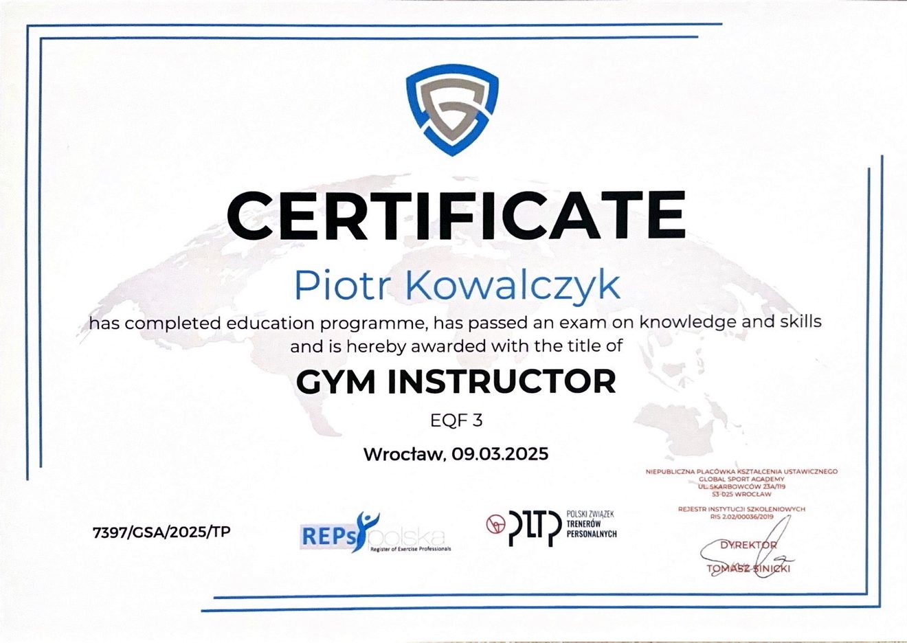 Podgląd certyfikatu instruktora siłowni Piotra Kowalczyka