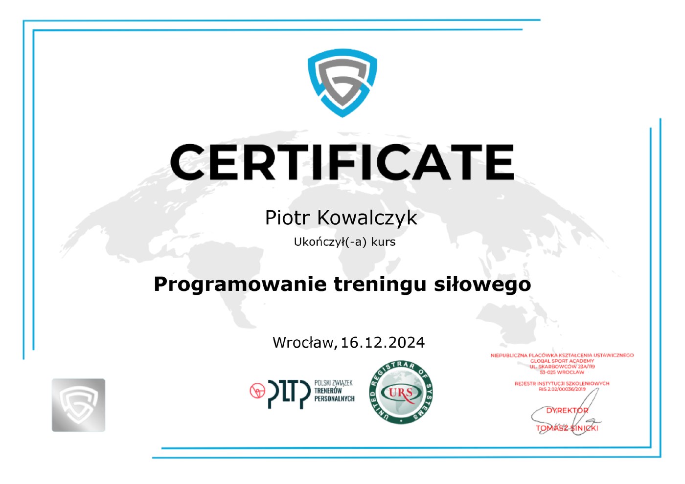 Podgląd certyfikatu programowania treningu siłowego Piotra Kowalczyka