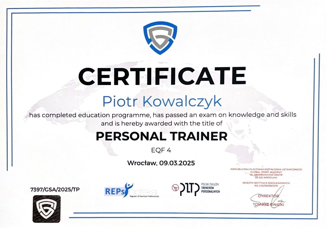 Podgląd certyfikatu trenera personalnego Piotra Kowalczyka